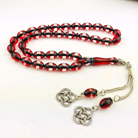 Kazaz Püsküllü Kırmızı Beyaz Toz Kehribar Tespih Tesbih