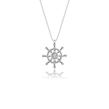Gümüş Gemi Dümeni Swarovski Taşlı Kolye Sertifikalı Qr Kod