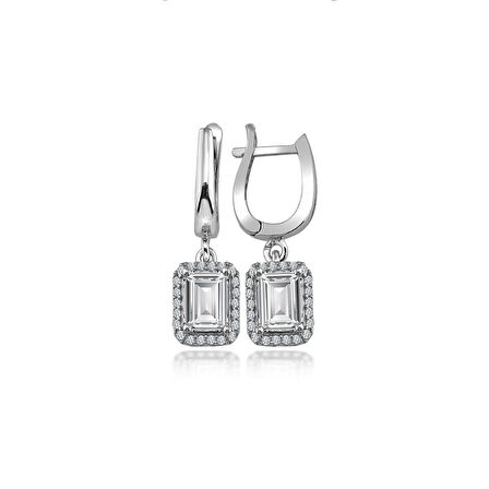 Swarovski Taşlı Baget Kare Gümüş Küpe Set Sertifikalı Qr Kod