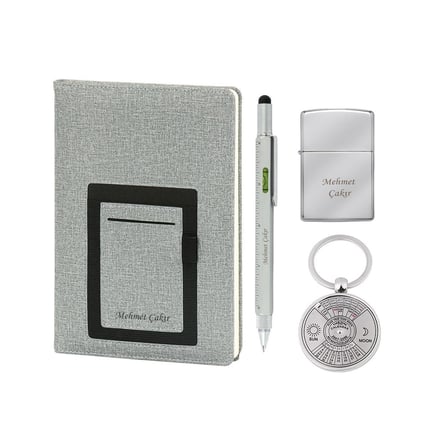 Çok Fonksiyonlu Termo Deri Defter Kalem Anahtarlık ve Çakmak Seti