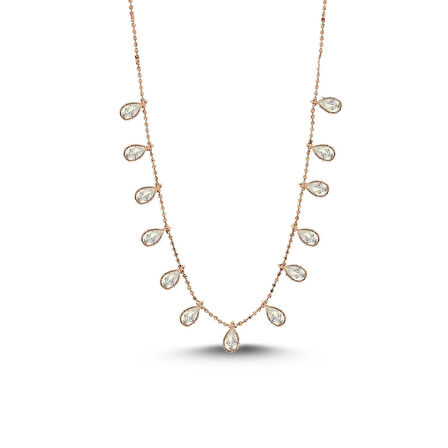 Pigado 925 Ayar Gümüş Damla Kolye Beyaz Taşlı Rose