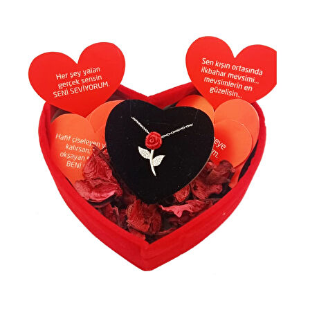 Pigado 925 Ayar Gümüş Kalpli Özel Kadife Kutusunda Gül Kolye