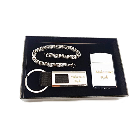 İsme Kişiye Özel Çelik Bileklik Anahtarlık ve Çakmak Seti