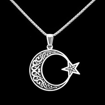 925 Ayar Gümüş İşlemeli Ayyıldız Erkek Kolye