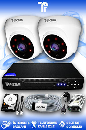 PICAM 2 Kameralı Dome 2 İç Kamera Set 1 TB HDD Full HD Gece Görüşlü Güvenlik Kamerası Sistemi