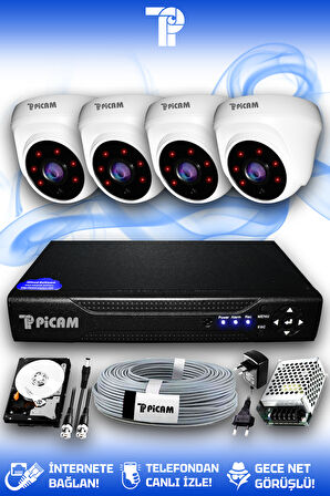 PICAM 4 Kameralı Dome 4 İç Kamera Set 1 TB HDD Full HD Gece Görüşlü Güvenlik Kamerası Sistemi