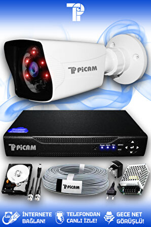 PICAM 1 Kameralı Kare 1 Dış Kamera Set 1 TB HDD Full HD Gece Görüşlü Güvenlik Kamerası Sistemi