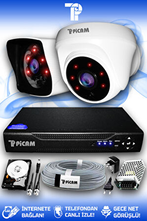 PICAM 2 Kameralı Kare 1 İç Kamera Set 100 GB HDD Full HD Gece Görüşlü Güvenlik Kamerası Sistemi