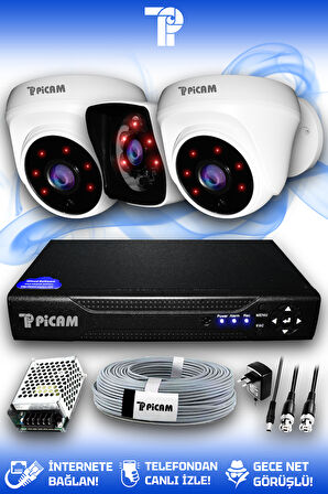 PICAM 3 Kameralı Kare 2 İç Kamera Set HDD'siz Full HD Gece Görüşlü Güvenlik Kamerası Sistemi