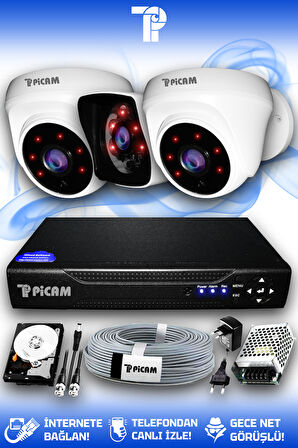 PICAM 3 Kameralı Kare 2 İç Kamera Set 100 GB HDD Full HD Gece Görüşlü Güvenlik Kamerası Sistemi