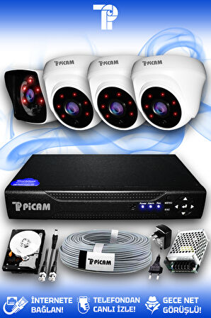 PICAM 4 Kameralı Kare 3 İç Kamera Set 500 GB HDD Full HD Gece Görüşlü Güvenlik Kamerası Sistemi