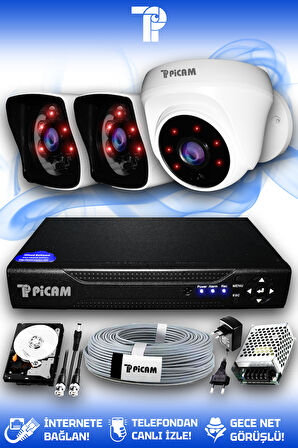PICAM 3 Kameralı Kare 1 İç Kamera Set 100 GB HDD Full HD Gece Görüşlü Güvenlik Kamerası Sistemi