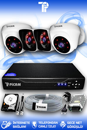 PICAM 4 Kameralı Kare 2 İç Kamera Set 500 GB HDD Full HD Gece Görüşlü Güvenlik Kamerası Sistemi