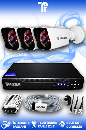 PICAM 3 Kameralı Kare 3 Dış Kamera Set HDD'siz Full HD Gece Görüşlü Güvenlik Kamerası Sistemi