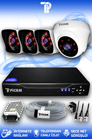 PICAM 4 Kameralı Kare 1 İç Kamera Set HDD'siz Full HD Gece Görüşlü Güvenlik Kamerası Sistemi