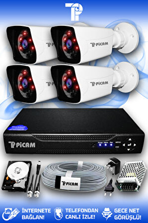 PICAM 4 Kameralı Kare 4 Dış Kamera Set 1 TB HDD Full HD Gece Görüşlü Güvenlik Kamerası Sistemi