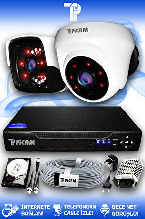 PICAM 2 Kameralı Panda 1 İç Kamera Set 1 TB HDD Full HD Gece Görüşlü Güvenlik Kamerası Sistemi