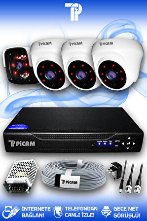 PICAM 4 Kameralı Panda 3 İç Kamera Set HDD'siz Full HD Gece Görüşlü Güvenlik Kamerası Sistemi