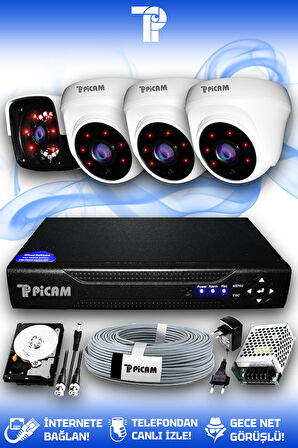 PICAM 4 Kameralı Panda 3 İç Kamera Set 1 TB HDD Full HD Gece Görüşlü Güvenlik Kamerası Sistemi