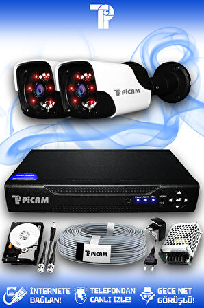 PICAM 2 Kameralı Panda 2 Dış Kamera Set 320 GB HDD Full HD Gece Görüşlü Güvenlik Kamerası Sistemi