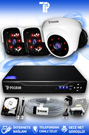 PICAM 3 Kameralı Panda 1 İç Kamera Set 1 TB HDD Full HD Gece Görüşlü Güvenlik Kamerası Sistemi