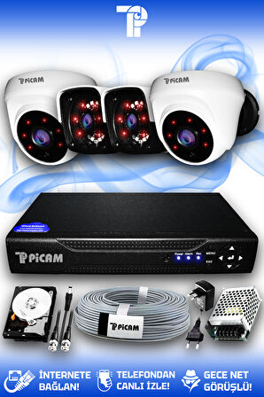 PICAM 4 Kameralı Panda 2 İç Kamera Set 320 GB HDD Full HD Gece Görüşlü Güvenlik Kamerası Sistemi