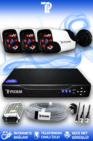 PICAM 3 Kameralı Panda 3 Dış Kamera Set HDD'siz Full HD Gece Görüşlü Güvenlik Kamerası Sistemi