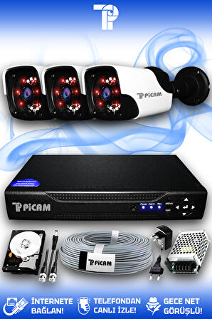 PICAM 3 Kameralı Panda 3 Dış Kamera Set 1 TB HDD Full HD Gece Görüşlü Güvenlik Kamerası Sistemi