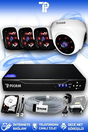 PICAM 4 Kameralı Panda 1 İç Kamera Set 500 GB HDD Full HD Gece Görüşlü Güvenlik Kamerası Sistemi