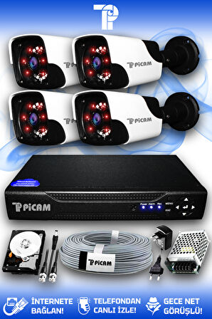 PICAM 4 Kameralı Panda 4 Dış Kamera Set 500 GB HDD Full HD Gece Görüşlü Güvenlik Kamerası Sistemi