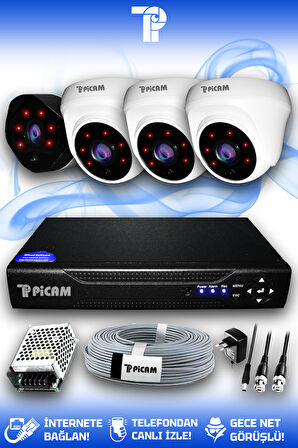 PICAM 4 Kameralı Uzay 3 İç Kamera Set HDD'siz Full HD Gece Görüşlü Güvenlik Kamerası Sistemi