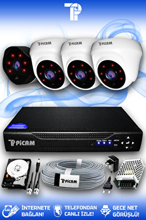 PICAM 4 Kameralı Uzay 3 İç Kamera Set 500 GB HDD Full HD Gece Görüşlü Güvenlik Kamerası Sistemi