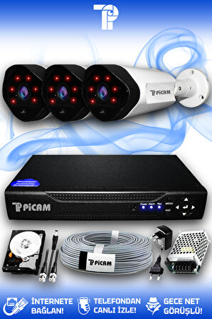 PICAM 3 Kameralı Uzay 3 Dış Kamera Set 500 GB HDD Full HD Gece Görüşlü Güvenlik Kamerası Sistemi
