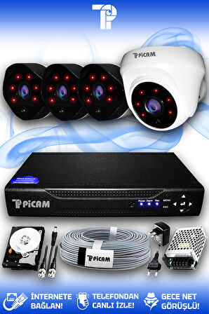 PICAM 4 Kameralı Uzay 1 İç Kamera Set 320 GB HDD Full HD Gece Görüşlü Güvenlik Kamerası Sistemi