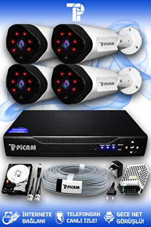 PICAM 4 Kameralı Uzay 4 Dış Kamera Set 320 GB HDD Full HD Gece Görüşlü Güvenlik Kamerası Sistemi