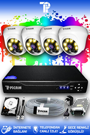 PICAM 4 Kameralı Dome 4 İç Kamera Set 1 TB HDD Full HD Renkli Gece Görüşlü Güvenlik Kamerası Sistemi