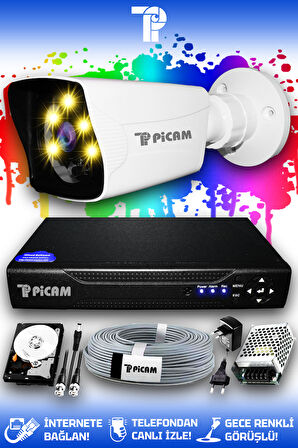 PICAM 1 Kameralı Kare 1 Dış Kamera Set 1 TB HDD Full HD Renkli Gece Görüşlü Güvenlik Kamerası Sistemi