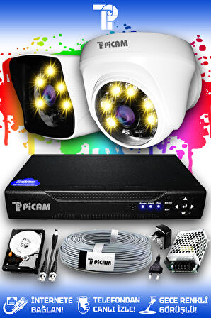PICAM 2 Kameralı Kare 1 İç Kamera Set 250 GB HDD Full HD Renkli Gece Görüşlü Güvenlik Kamerası Sistemi