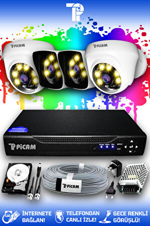 PICAM 4 Kameralı Kare 2 İç Kamera Set 100 GB HDD Full HD Renkli Gece Görüşlü Güvenlik Kamerası Sistemi