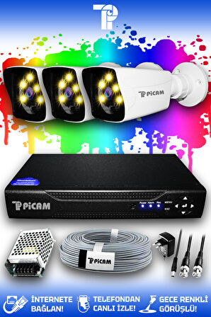 PICAM 3 Kameralı Kare 3 Dış Kamera Set HDD'siz Full HD Renkli Gece Görüşlü Güvenlik Kamerası Sistemi