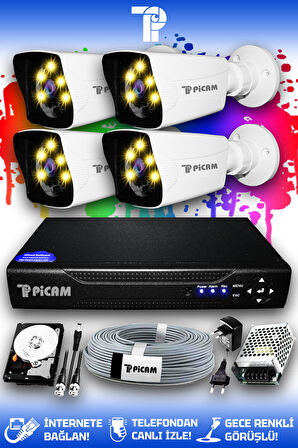 PICAM 4 Kameralı Kare 4 Dış Kamera Set 100 GB HDD Full HD Renkli Gece Görüşlü Güvenlik Kamerası Sistemi