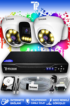 PICAM 3 Kameralı Zebra 2 İç Kamera Set 100 GB HDD Full HD Renkli Gece Görüşlü Güvenlik Kamerası Sistemi