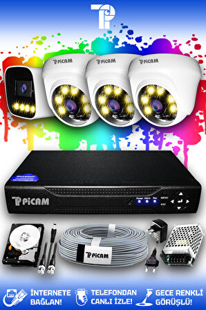 PICAM 4 Kameralı Zebra 3 İç Kamera Set 500 GB HDD Full HD Renkli Gece Görüşlü Güvenlik Kamerası Sistemi