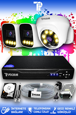 PICAM 3 Kameralı Zebra 1 İç Kamera Set 100 GB HDD Full HD Renkli Gece Görüşlü Güvenlik Kamerası Sistemi