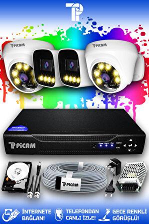 PICAM 4 Kameralı Zebra 2 İç Kamera Set 250 GB HDD Full HD Renkli Gece Görüşlü Güvenlik Kamerası Sistemi