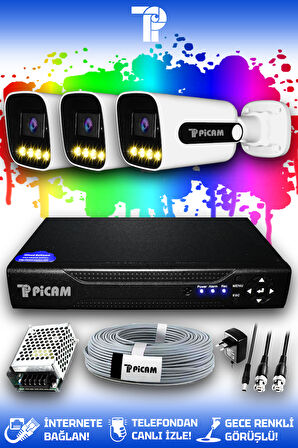 PICAM 3 Kameralı Zebra 3 Dış Kamera Set HDD'siz Full HD Renkli Gece Görüşlü Güvenlik Kamerası Sistemi