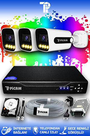 PICAM 3 Kameralı Zebra 3 Dış Kamera Set 500 GB HDD Full HD Renkli Gece Görüşlü Güvenlik Kamerası Sistemi