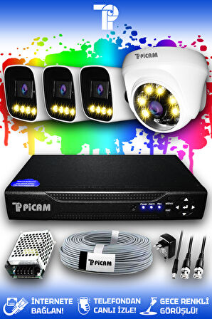PICAM 4 Kameralı Zebra 1 İç Kamera Set HDD'siz Full HD Renkli Gece Görüşlü Güvenlik Kamerası Sistemi