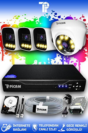 PICAM 4 Kameralı Zebra 1 İç Kamera Set 250 GB HDD Full HD Renkli Gece Görüşlü Güvenlik Kamerası Sistemi