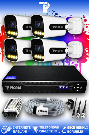 PICAM 4 Kameralı Zebra 4 Dış Kamera Set HDD'siz Full HD Renkli Gece Görüşlü Güvenlik Kamerası Sistemi